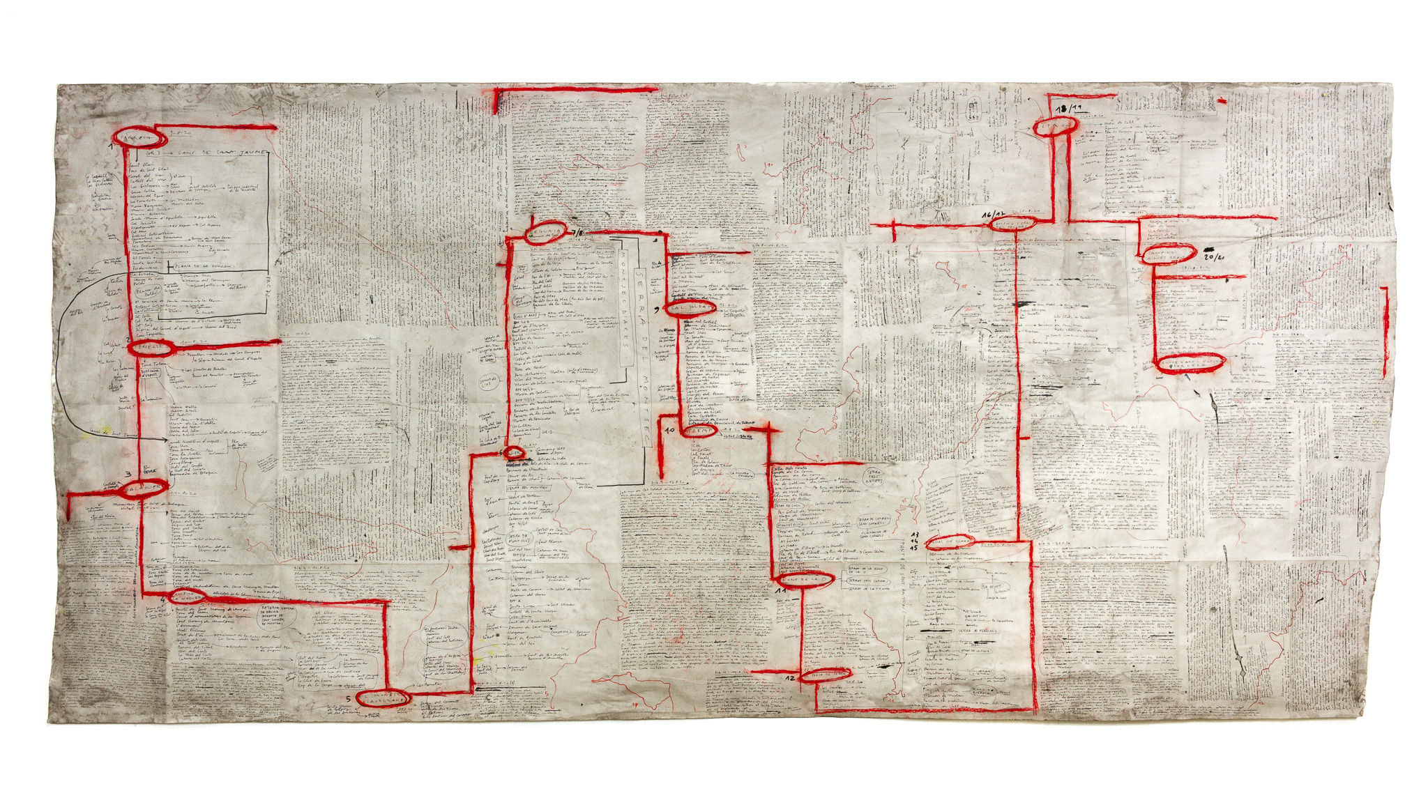 Mapa de viatge I (Grand Tour 2020), 2020, tècnica mixta sobre paper, 150 × 300 cm