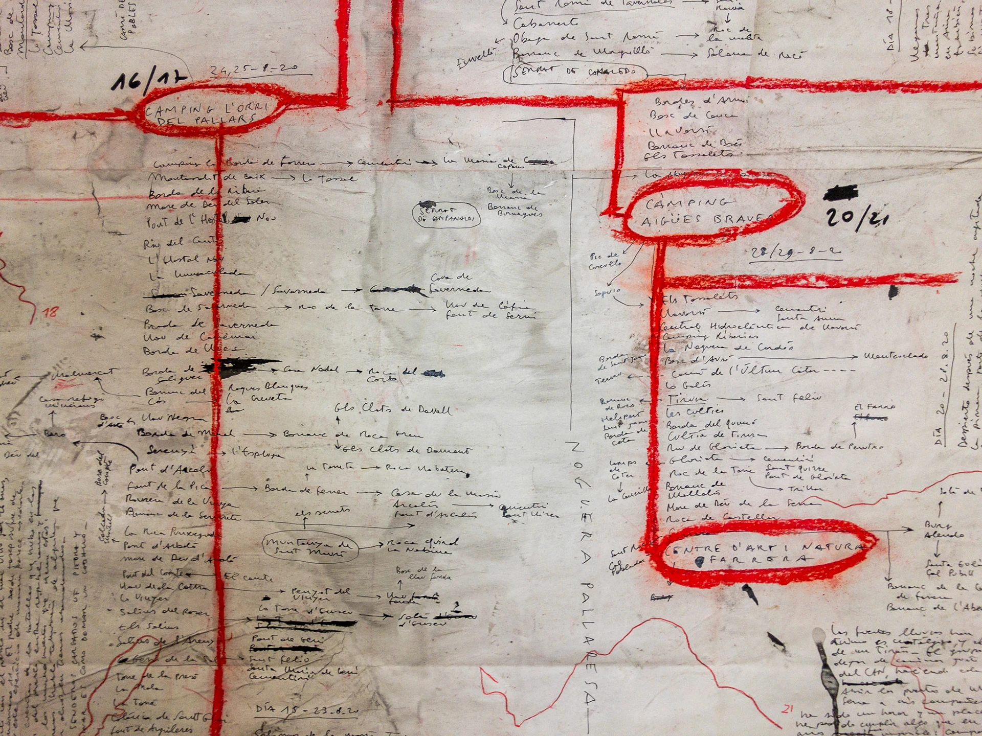 Mapa de viatge I (Grand Tour 2020), 2020, tècnica mixta sobre paper, 150 × 300 cm