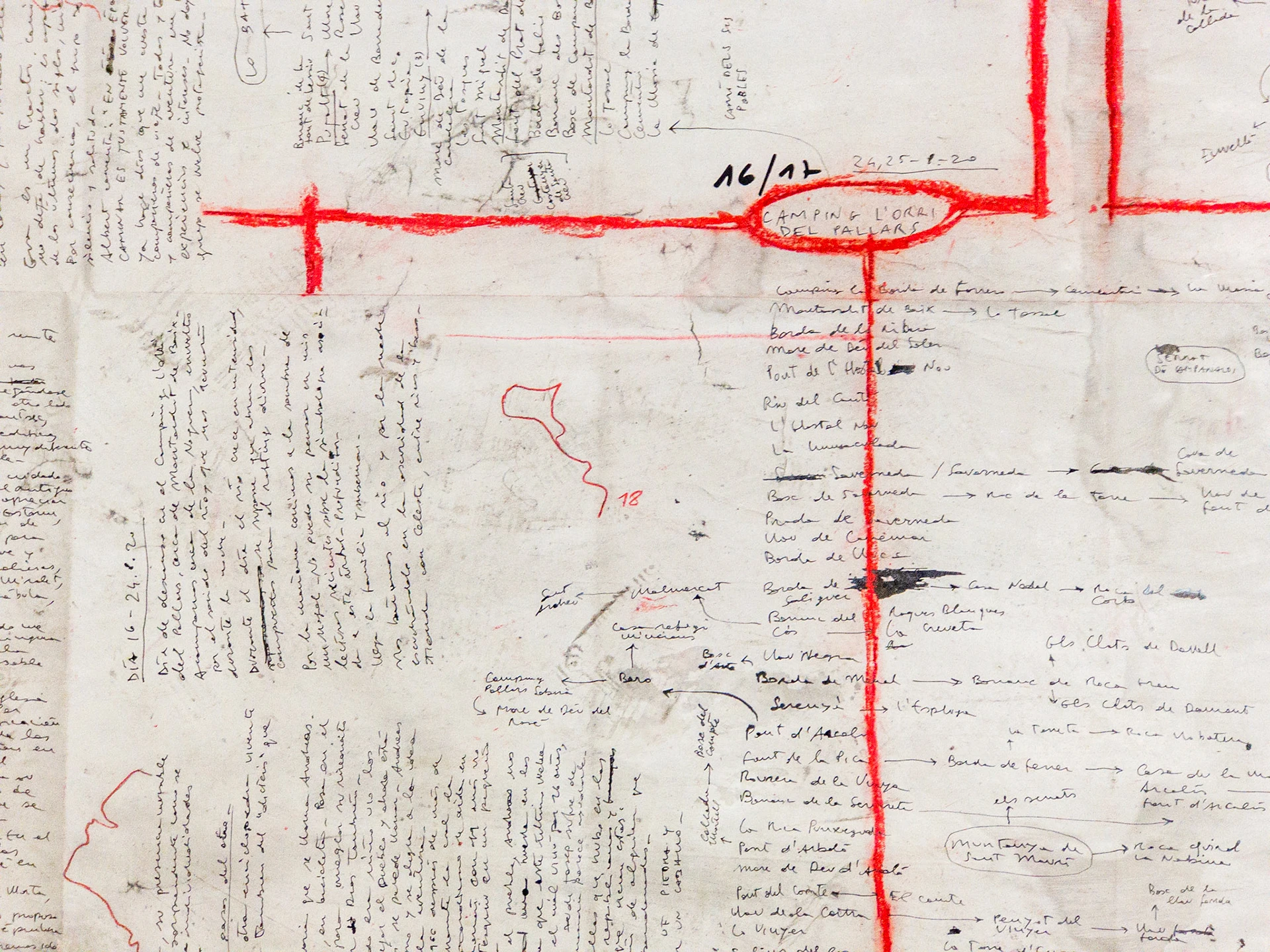 Mapa de viatge I (Grand Tour 2020), 2020, tècnica mixta sobre paper, 150 × 300 cm