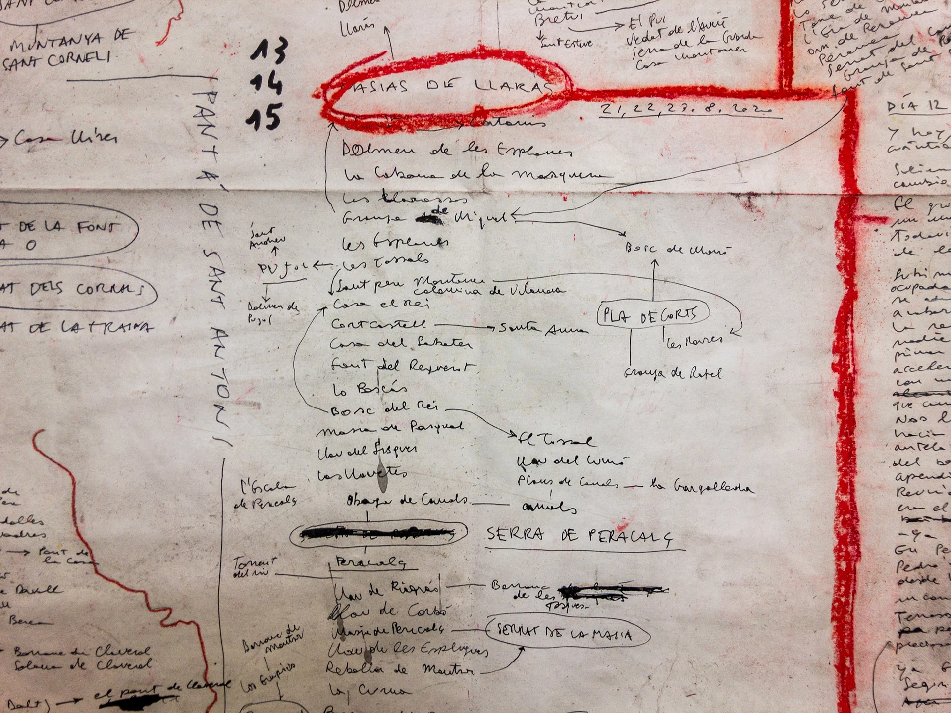 Mapa de viatge I (Grand Tour 2020), 2020, tècnica mixta sobre paper, 150 × 300 cm