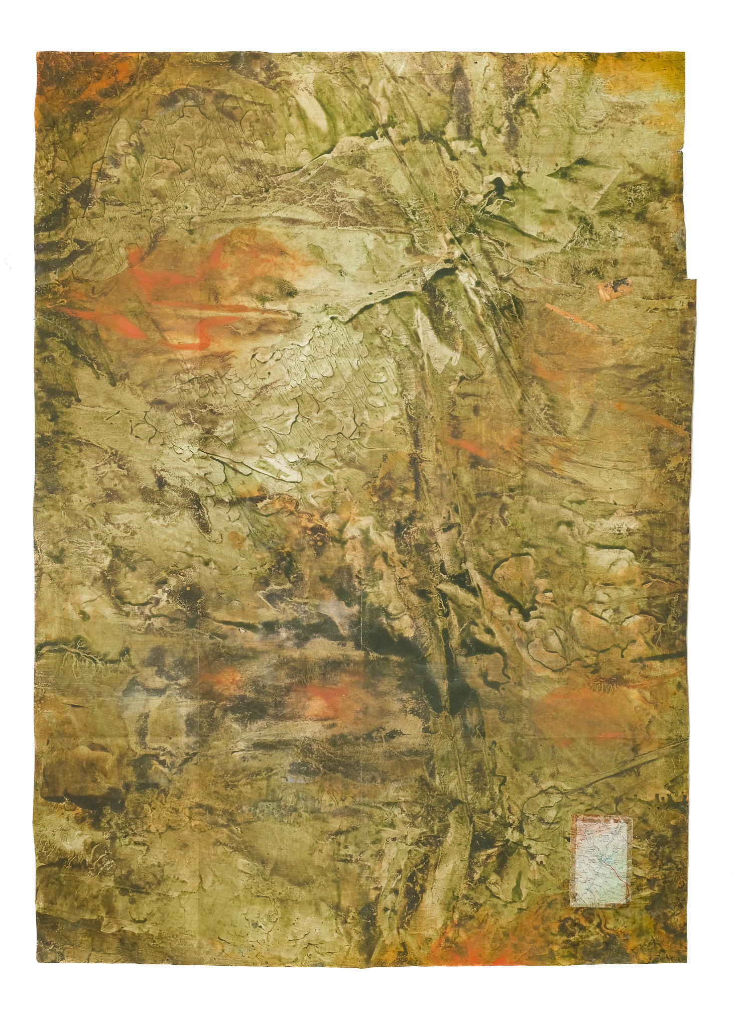 Montseny, Catalonia. 2025, map fragment, acrylics, pigments and iron sulphate on paper, 150 × 100 cm