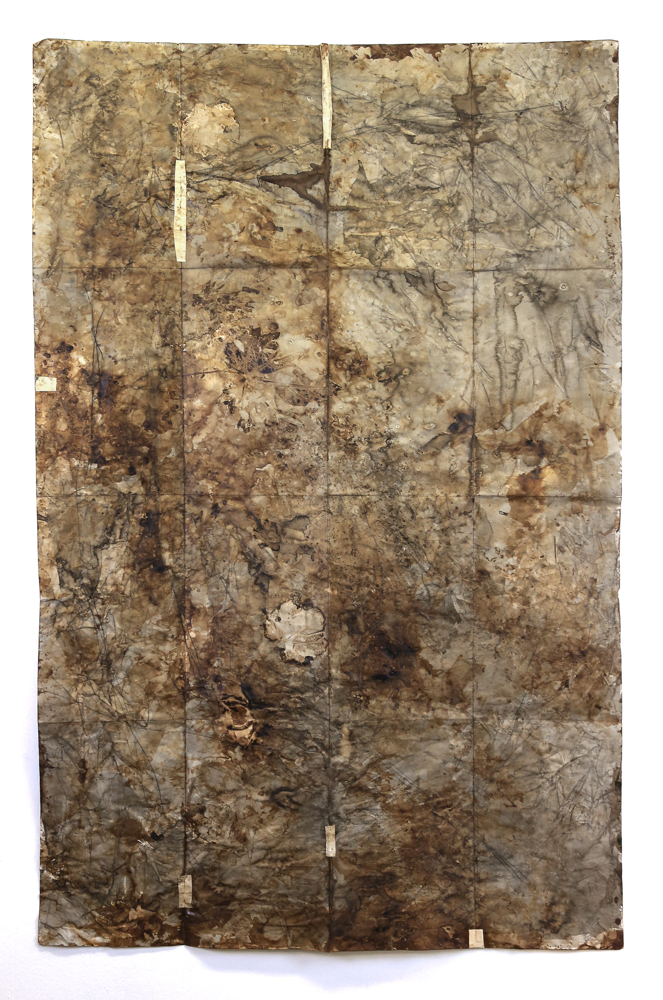 Memories and Imprints of the Coma de Burg.Water from the Farrera spring, natural elements, walnut stain and Chinese ink on paper, 150 × 100 cm