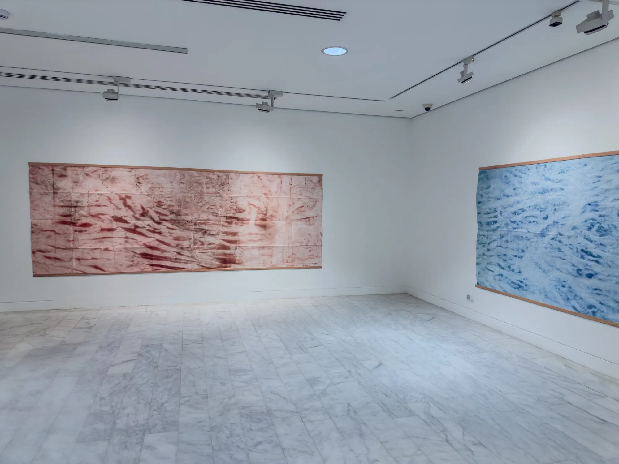 Installation view before the public intervened, with two of the six cartographies. Drawing while Walking, Museu Picasso, Barcelona, 2026