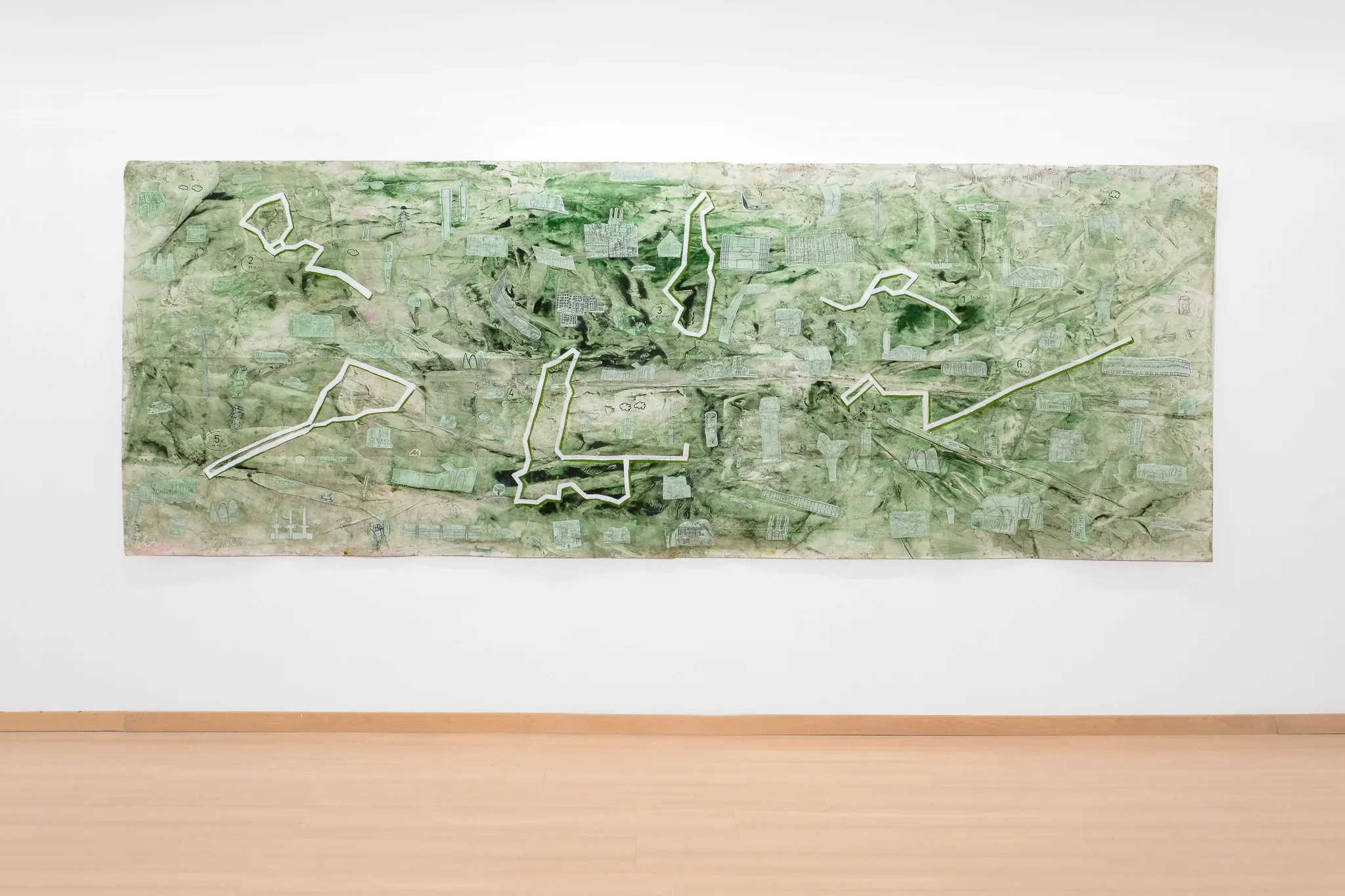 Registres dels nostres caminars, 2026. Tecnica mista su carta, 150 × 410 cm