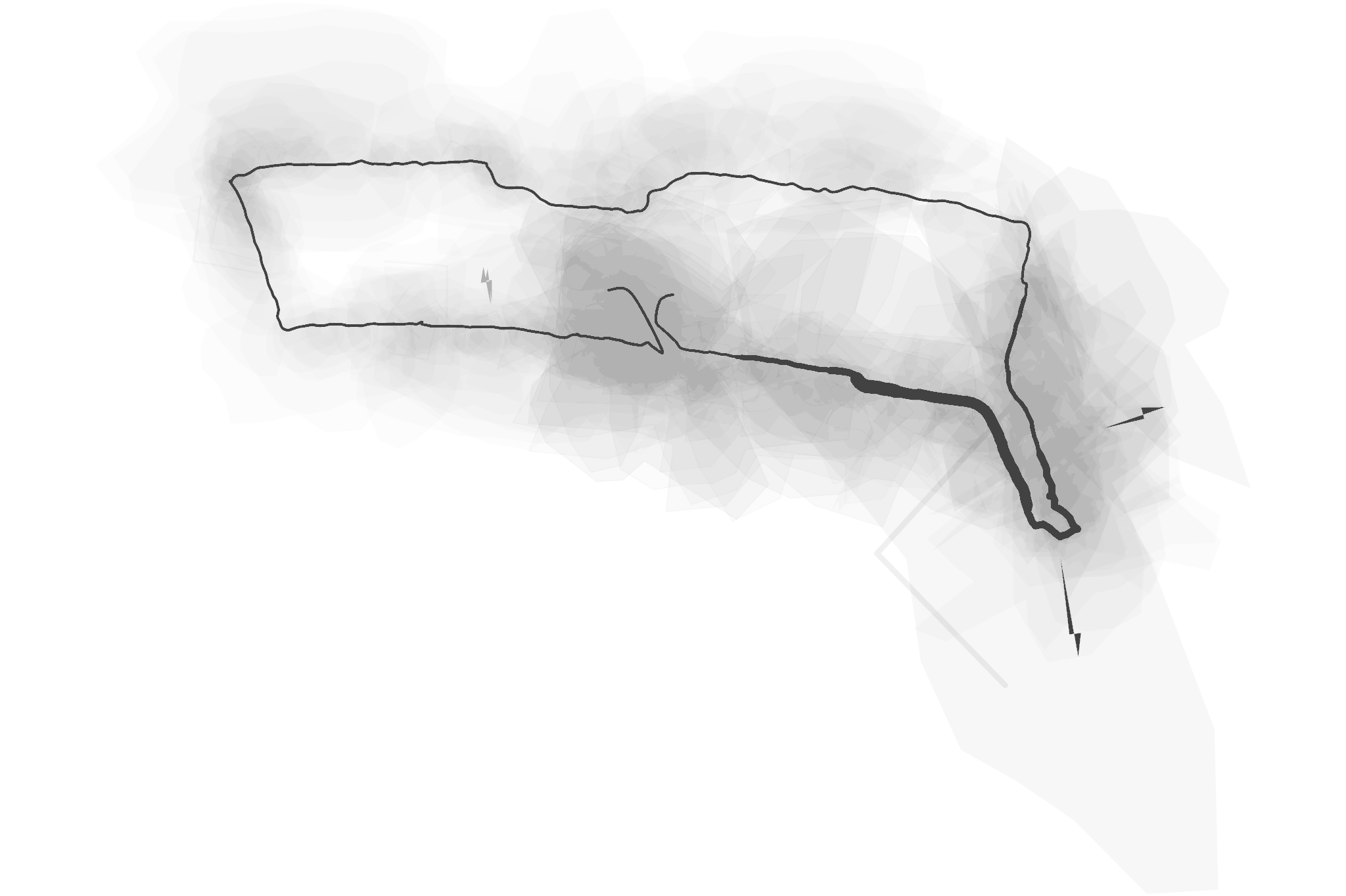 Apertura: black-on-white drawing, GPS-generated line and stain, with sound-responsive marks