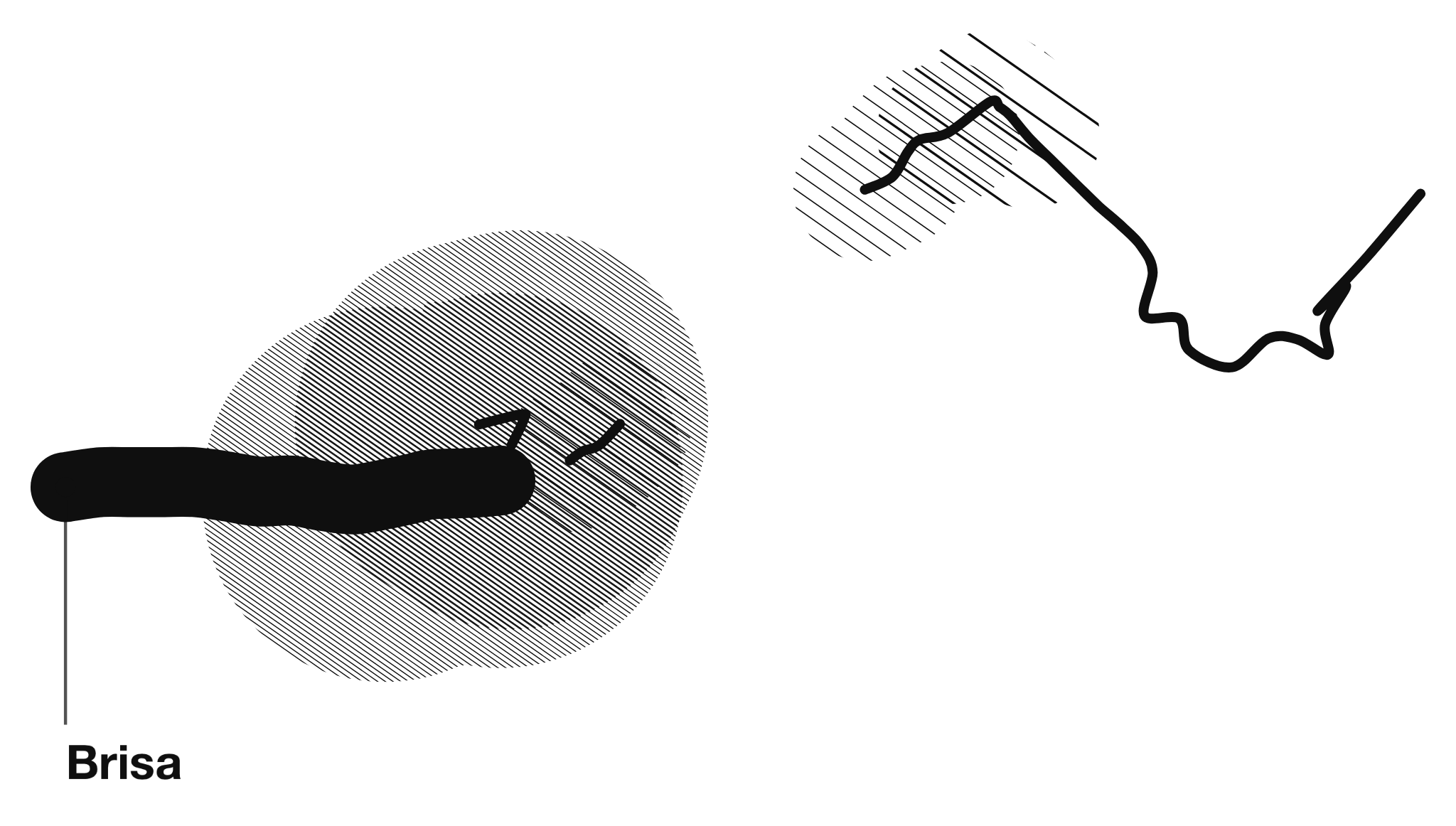 Brisa: black-on-white drawing, GPS-generated line and stain, with the anchored word “Brisa”