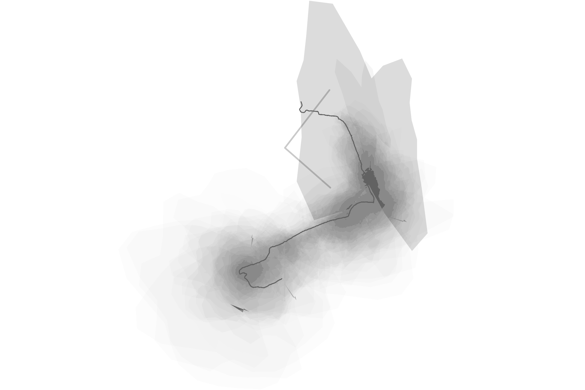 Playa: black-on-white drawing, GPS-generated line, with sound-responsive marks