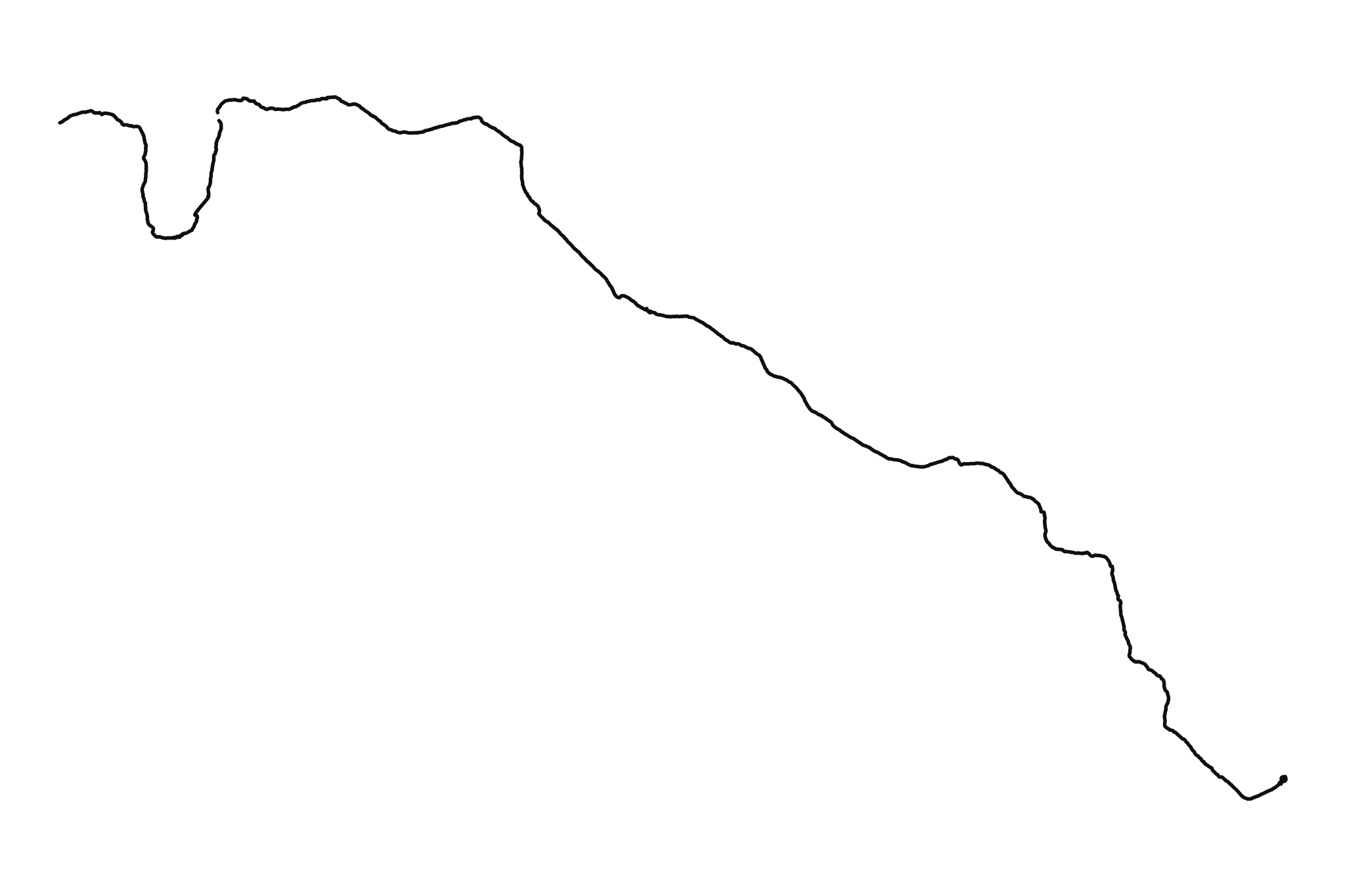 Río Alcalá con suspiro: black-on-white drawing, GPS-generated line and stain