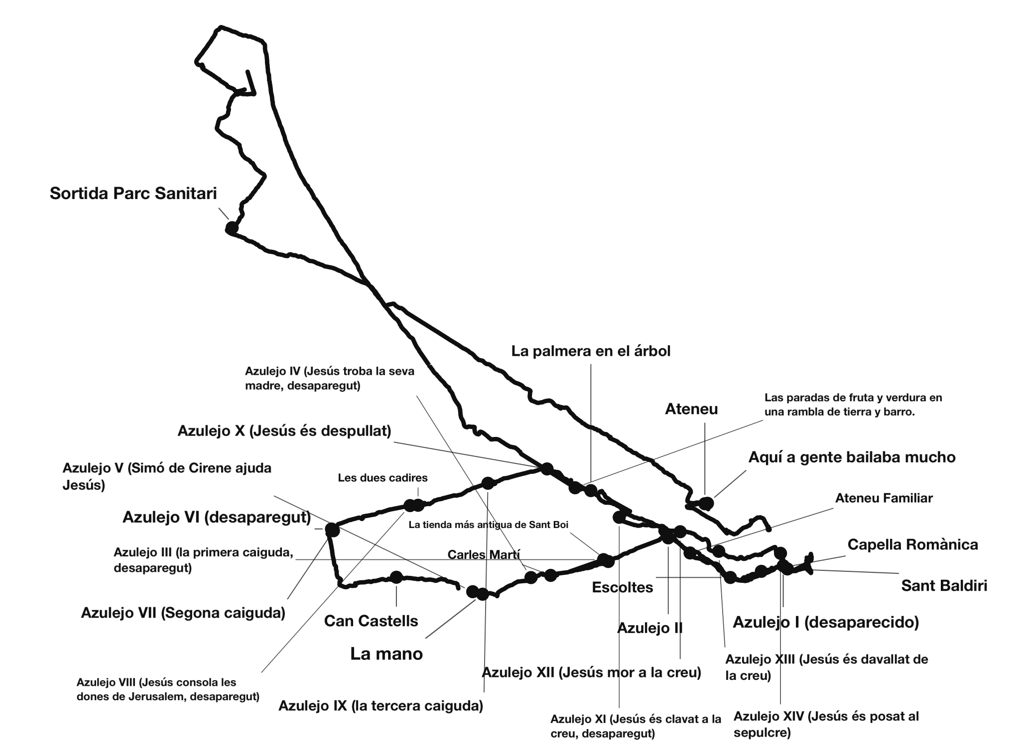 Ruta de los azulejos: dibuix en negre sobre blanc, línia generada per GPS i anotacions del grup ancorades al recorregut
