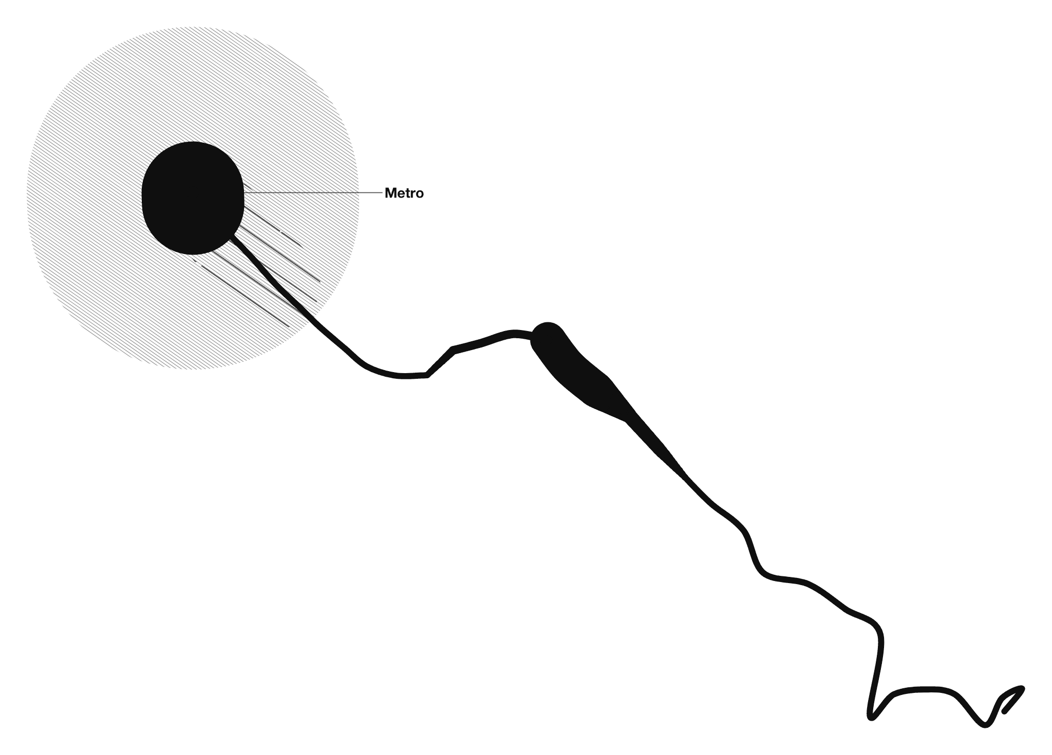 Rutina deconstruida: black-on-white drawing, GPS-generated line and stain, with the anchored word “Metro”