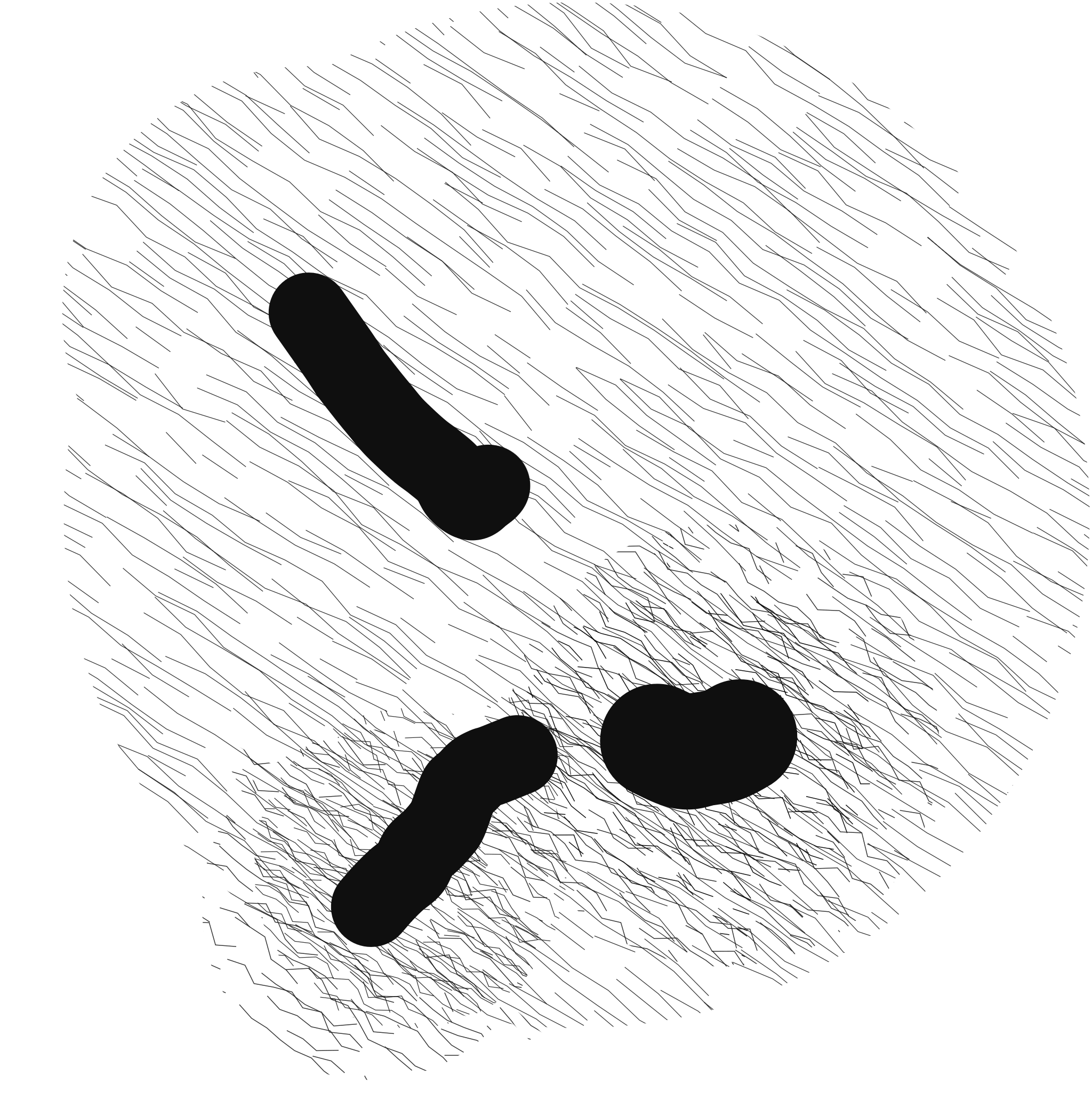 Tres cuerpos: black-on-white drawing, GPS-generated line and stain
